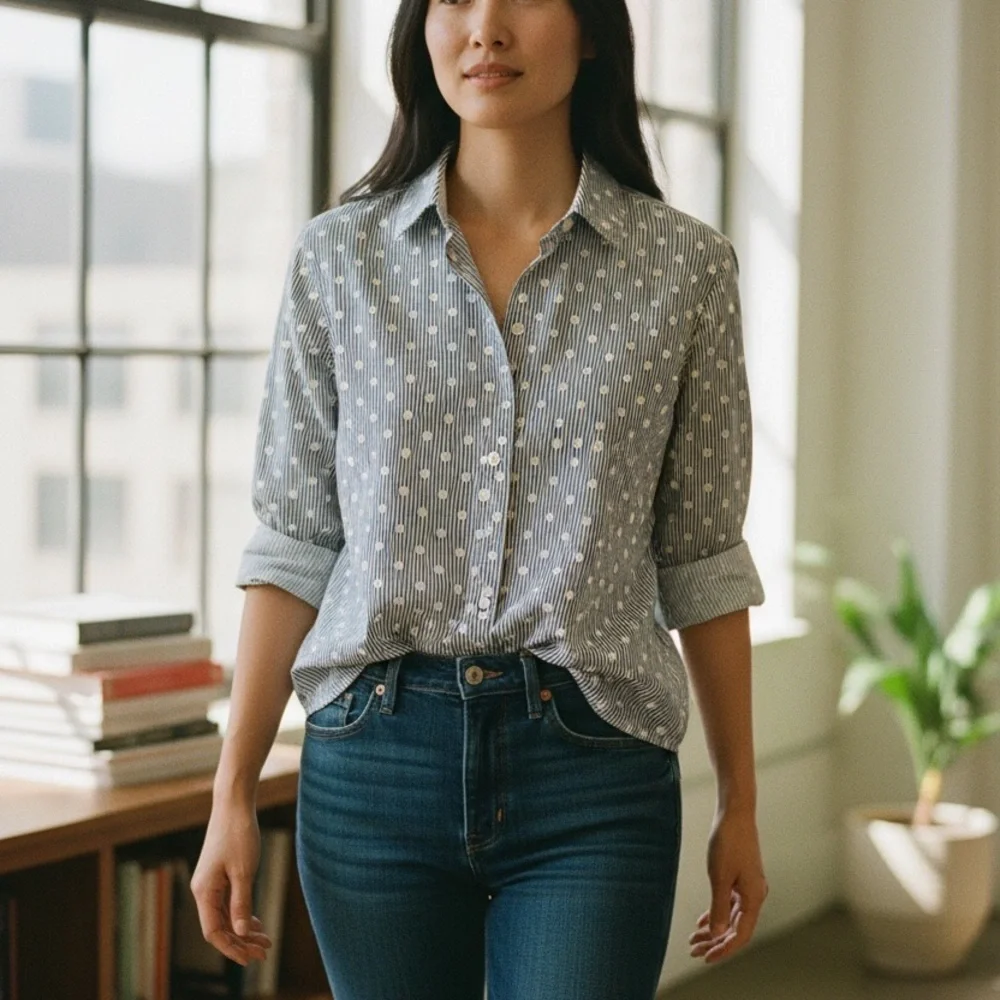 Boden Relaxed Button-down Weekend Blue White Polka Dot Striped Shirt 100% Cotton - Picture 6 of 6